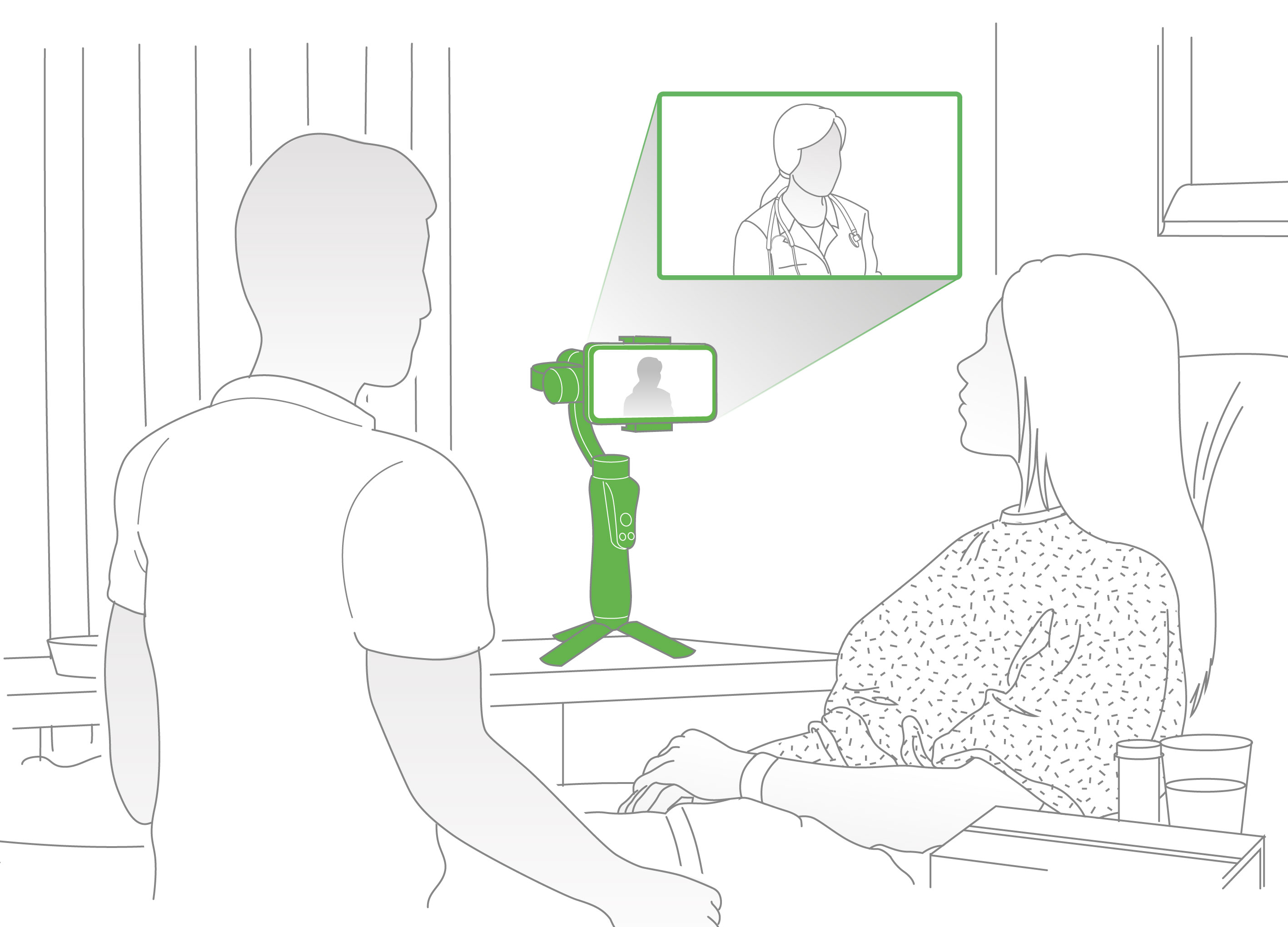 The patient with a family member talking to a remotely connected doctor